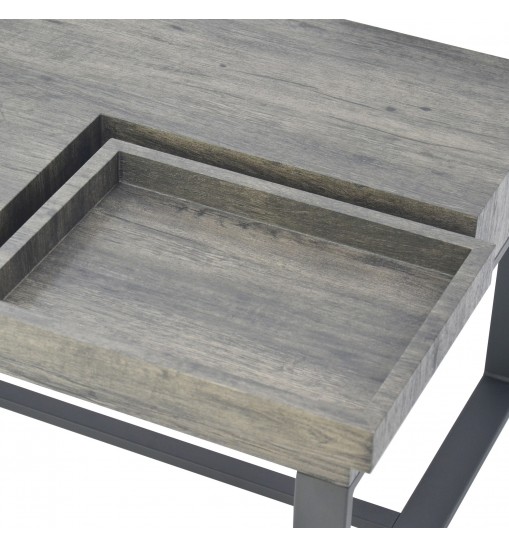 Rectangular Wooden Coffee Table with Hidden Storage and Metal Sled Base, Gray and Black