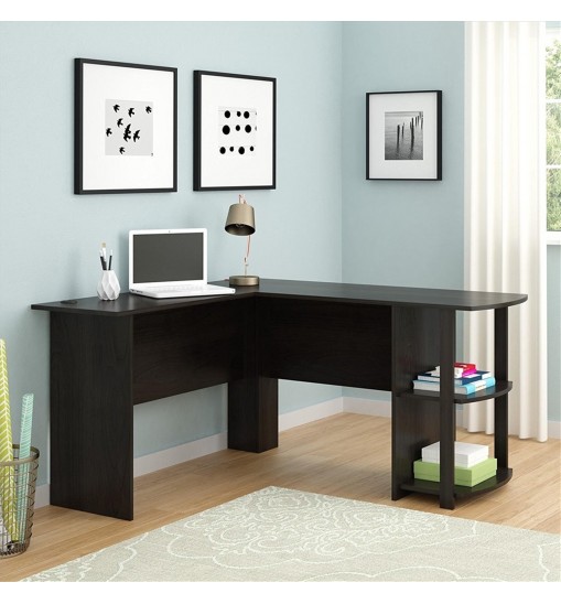 FCH L-Shaped Wood Right-angle Computer Desk with Two-layer Bookshelves Dark Brown RT