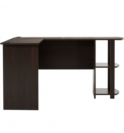 FCH L-Shaped Wood Right-angle Computer Desk with Two-layer Bookshelves Dark Brown RT