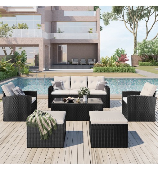 6-piece All-Weather Wicker PE rattan Patio Outdoor Dining Conversation Sectional Set with coffee table, wicker sofas, ottomans, removable cushions