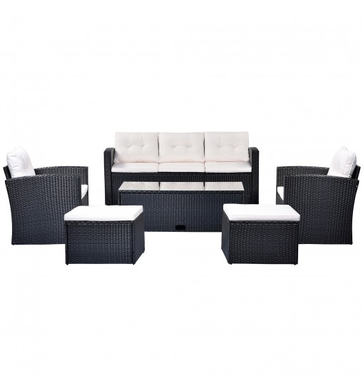 6-piece All-Weather Wicker PE rattan Patio Outdoor Dining Conversation Sectional Set with coffee table, wicker sofas, ottomans, removable cushions