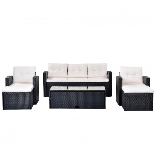 6-piece All-Weather Wicker PE rattan Patio Outdoor Dining Conversation Sectional Set with coffee table, wicker sofas, ottomans, removable cushions