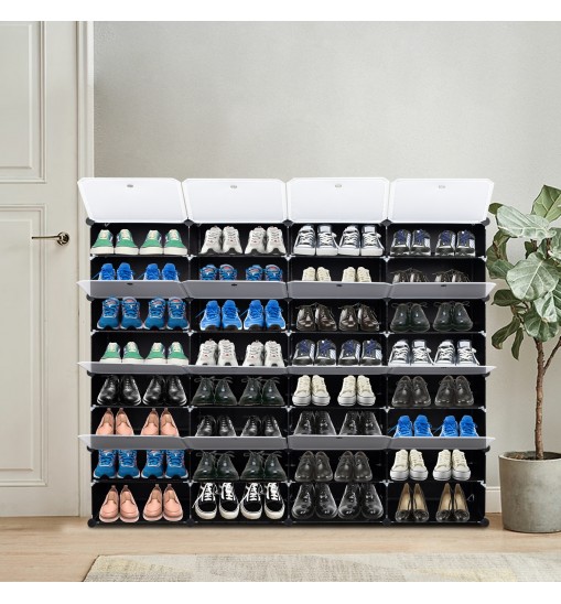 8-Tier Portable 64 Pair Shoe Rack Organizer 32 Grids Tower Shelf Storage Cabinet Stand Expandable for Heels, Boots, Slippers, Black YF