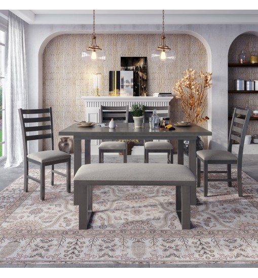 6-Pieces Family Furniture, Solid Wood Dining Room Set with Rectangular Table & 4 Chairs with Bench