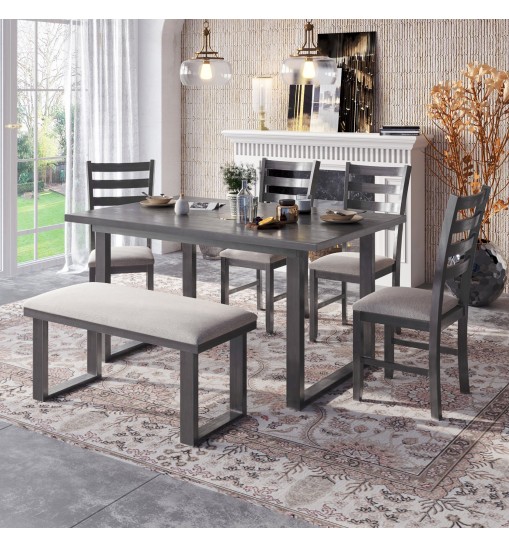 6-Pieces Family Furniture, Solid Wood Dining Room Set with Rectangular Table & 4 Chairs with Bench