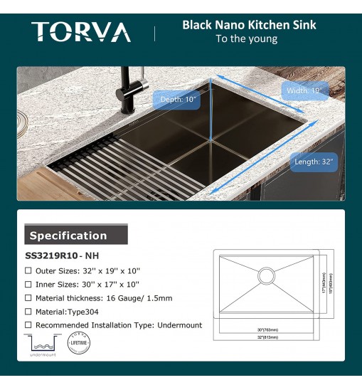 32-Inch Gloss Black Workstation Undermount Single Bowl Kitchen Sink;  16 Gauge Stainless Steel with Ceramic Coating and NanoTek Sink with Bamboo Cutting Board and Drain Tray