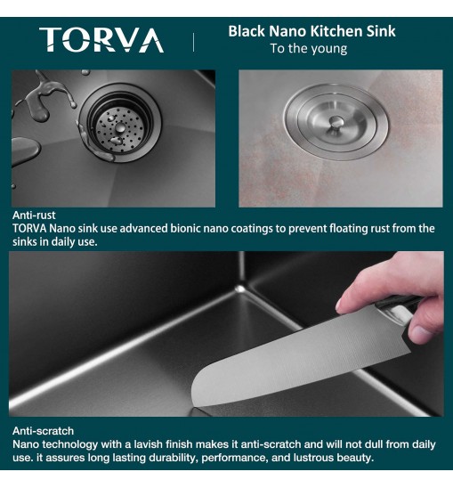 32-Inch Gloss Black Workstation Undermount Single Bowl Kitchen Sink;  16 Gauge Stainless Steel with Ceramic Coating and NanoTek Sink with Bamboo Cutting Board and Drain Tray