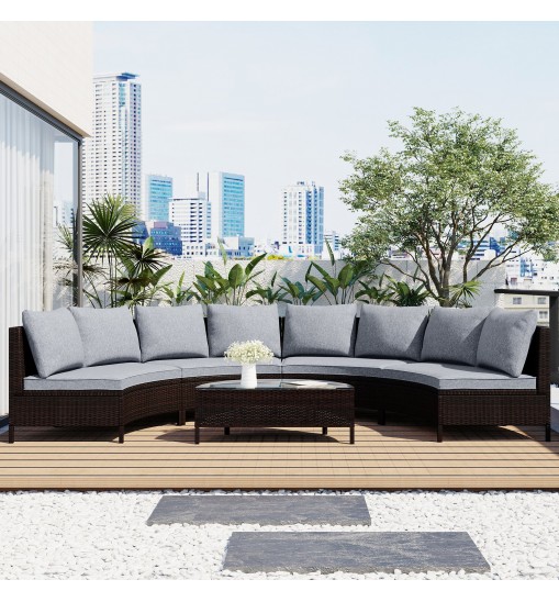 5 Pieces All-Weather Brown PE Rattan Wicker Sofa Set Outdoor Patio Sectional Furniture Set Half-Moon Sofa Set with Tempered Glass Table