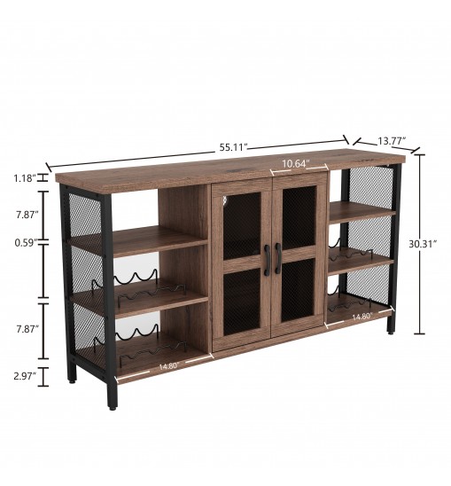 Wine Bar Cabinet for Liquor and Glasses, Rustic Wood Wine Bar Cabinet with Storage , Multifunctional Floor Wine Cabinet for Living Room(55 Inch, Golden Phoebe)