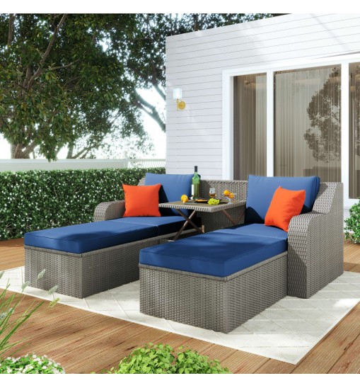 Patio Furniture Sets, 3-Piece Patio Wicker Sofa with Cushions, Pillows, Ottomans and Lift Top Coffee Table