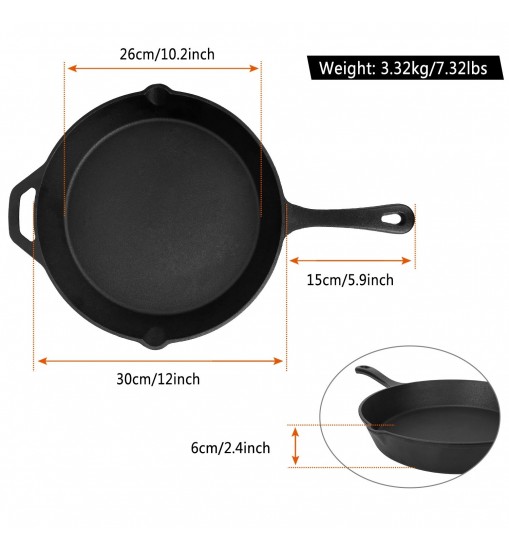 Pre-Seasoned Cast Iron Skillet Oven Safe Cookware Heat-Resistant Holder 12inch Large Frying Pan