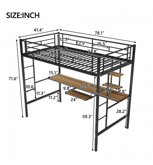 Loft Bed with Desk and Shelf ; Space Saving Design; Twin