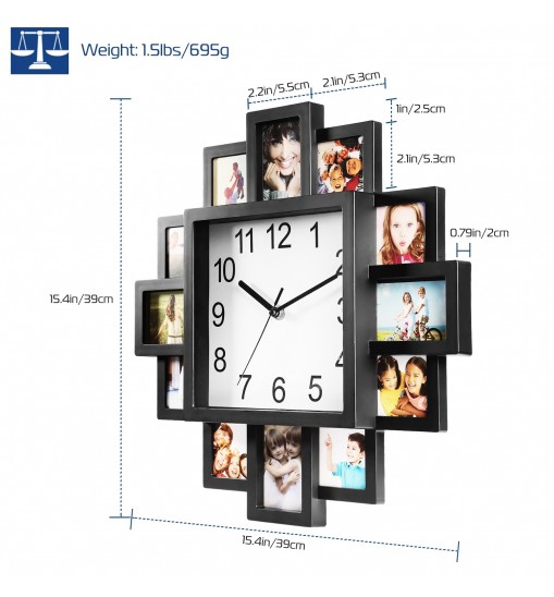 Photo Frame Clock Picture Collage 12-Picture Display Wall Clock Photowall Wall Hanging Home Decor