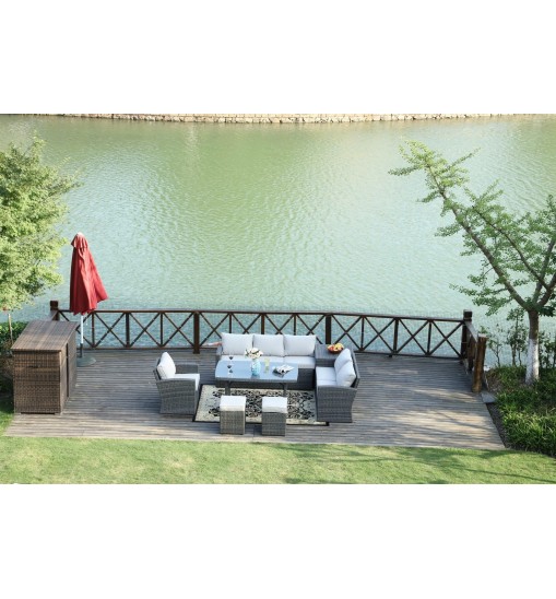 Direct Wicker 7 PCS Outdoor PE Rattan Wicker Sofa Rattan Patio Garden Furniture;  With Wide Cabinet;  Gray