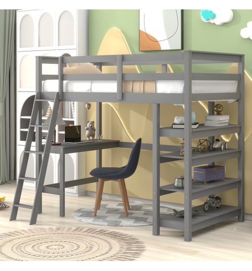 Loft Bed Twin with desk; ladder; shelves ; Gray