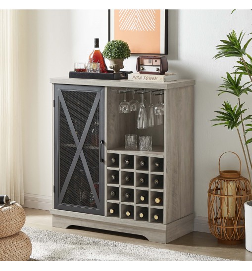 Single door wine cabinet with 16 wine storage compartments (Gray;  31.50" W*13.78" D*35.43" H)