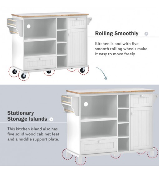 Kitchen Island Cart with Storage Cabinet and Two Locking Wheels; Solid wood desktop; Microwave cabinet; Floor Standing Buffet Server Sideboard for Kitchen Room; Dining Room; ; Bathroom(White)