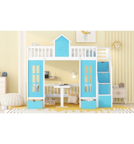 Twin-Over-Twin Bunk Bed with Changeable Table ; Bunk Bed Turn into Upper Bed and Down Desk with 2 Drawers - Blue