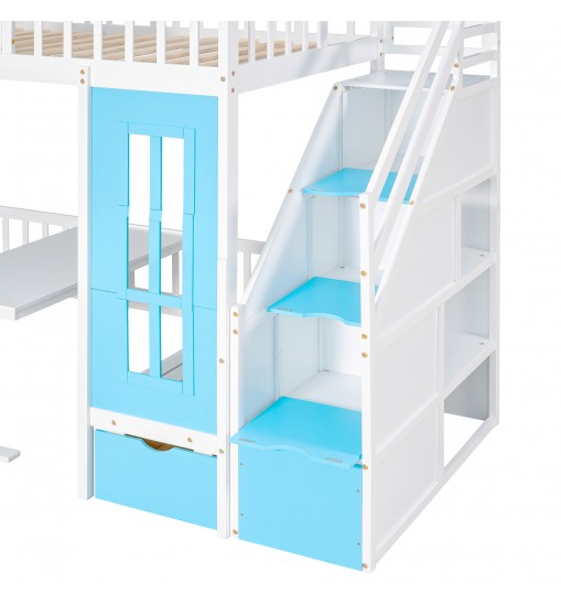 Twin-Over-Twin Bunk Bed with Changeable Table ; Bunk Bed Turn into Upper Bed and Down Desk with 2 Drawers - Blue