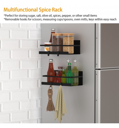 2 Packs Magnetic Spice Holder Rack Organizer Strong Magnetic Seasoning Storage Shelf with 4 Removable Hooks for Refrigerator Microwave