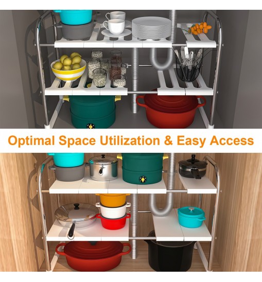 2 Tier Under Sink Organizer Retractable Kitchenware Rack Holders Space Saving Storage Shelf 55LBS Max Load