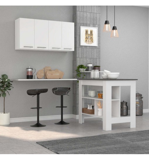 Caledon 2 Piece Kitchen Set, Kitchen Island + Upper Wall Cabinet , White /Walnut