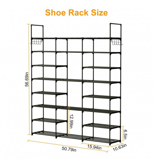 8-Tier 3-Row Shoe Rack Metal Shoe Storage Shelf Free Standing Large Shoe Stand 42 Pairs Shoe Tower Unit Tall Shoe Organizer with 2 Hooks for Entryway Closet Garage Bedroom