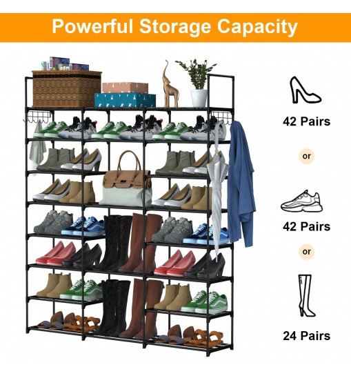 8-Tier 3-Row Shoe Rack Metal Shoe Storage Shelf Free Standing Large Shoe Stand 42 Pairs Shoe Tower Unit Tall Shoe Organizer with 2 Hooks for Entryway Closet Garage Bedroom