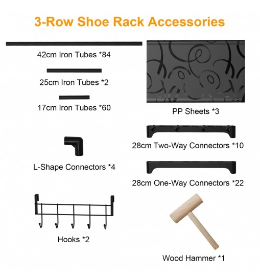 8-Tier 3-Row Shoe Rack Metal Shoe Storage Shelf Free Standing Large Shoe Stand 42 Pairs Shoe Tower Unit Tall Shoe Organizer with 2 Hooks for Entryway Closet Garage Bedroom