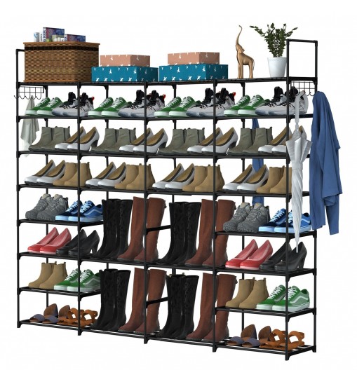 8-Tier 4-Row Shoe Rack Metal Shoe Storage Shelf Free Standing Large Shoe Stand 56 Pairs Shoe Tower Unit Tall Shoe Organizer with 2 Hooks for Entryway Closet Garage Bedroom