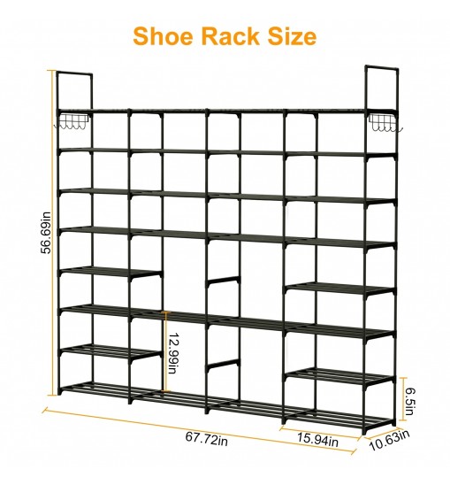 8-Tier 4-Row Shoe Rack Metal Shoe Storage Shelf Free Standing Large Shoe Stand 56 Pairs Shoe Tower Unit Tall Shoe Organizer with 2 Hooks for Entryway Closet Garage Bedroom