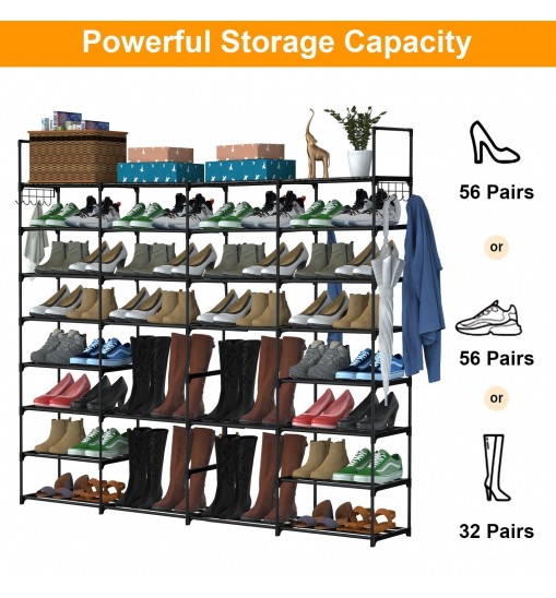 8-Tier 4-Row Shoe Rack Metal Shoe Storage Shelf Free Standing Large Shoe Stand 56 Pairs Shoe Tower Unit Tall Shoe Organizer with 2 Hooks for Entryway Closet Garage Bedroom