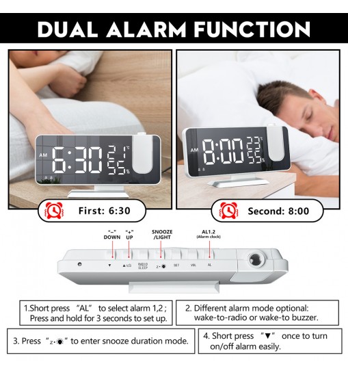 FM Radio LED Digital Smart Alarm Clock Watch Table Electronic Desktop Clocks USB Wake Up Clock with 180° Time Projection Snooze