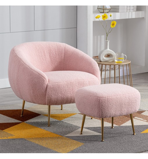 Modern Comfy Leisure Accent Chair; Teddy Short Plush Particle Velvet Armchair with Ottoman for Living Room