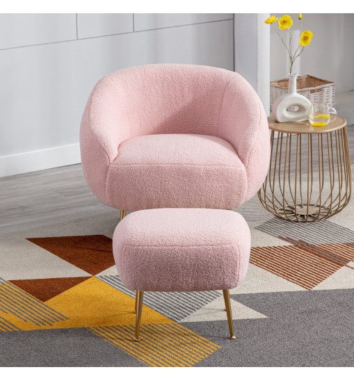 Modern Comfy Leisure Accent Chair; Teddy Short Plush Particle Velvet Armchair with Ottoman for Living Room