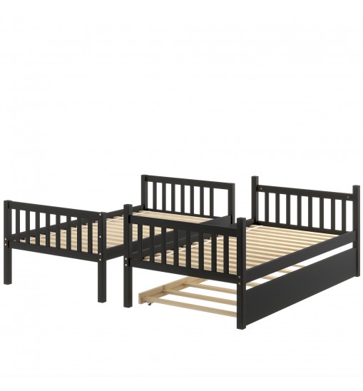 Twin Over Twin Bunk Beds with Trundle; Solid Wood Trundle Bed Frame with Safety Rail and Ladder; Kids/Teens Bedroom; Guest Room Furniture; Can Be converted into 2 Beds; Espresso