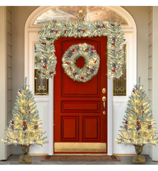 Pre-lit Xmas Tree Artificial Christmas 4-Piece Set,Garland, Wreath and Set of 2 Entrance Trees X-mas