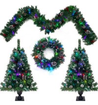 Pre-lit Xmas Tree Artificial Christmas 4-Piece Set,Garland, Wreath and Set of 2 Entrance Trees X-mas