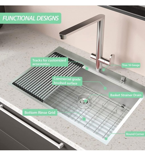 Workstation 33-inch Drop-In 16 Gauge Kitchen Sink R10 Radius Stainless Steel Kitchen Sink Single Bowl with Intergrated Ledge & Accessories (Pack of 5) -33"x22"x10"