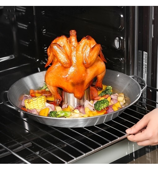 1pc Stainless Steel Round Roasting Pan; Chicken Roaster Rack Holder; 12.4inch/31.5cm; Thanksgiving Gift; Dishwasher Safe