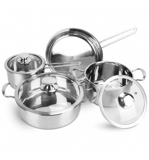 Stainless Steel Cookware Set Fast Even Heat Induction Pots Pans Set Dishwasher Safe with 2.7 3.7 Quart Stockpot 2 Quart Saucepan 9.17in Frying Pan