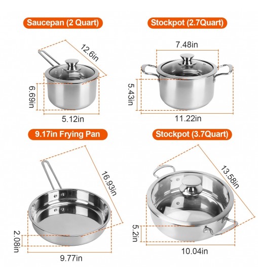 Stainless Steel Cookware Set Fast Even Heat Induction Pots Pans Set Dishwasher Safe with 2.7 3.7 Quart Stockpot 2 Quart Saucepan 9.17in Frying Pan