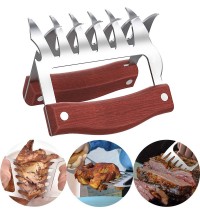 LMETJMA Bear Claws Stainless Steel BBQ Meat Shredder Claws with Wooden Handle Bottle Opener Turkey Chicken Claws KC0423