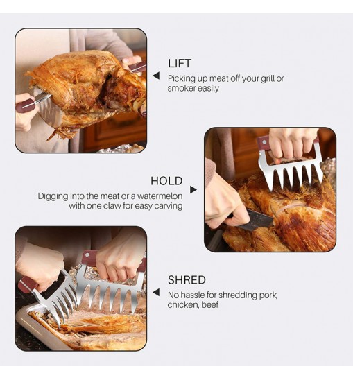 LMETJMA Bear Claws Stainless Steel BBQ Meat Shredder Claws with Wooden Handle Bottle Opener Turkey Chicken Claws KC0423