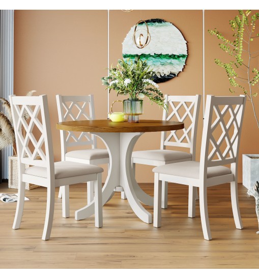 Mid-Century Solid Wood 5-Piece Round Dining Table Set;  Kitchen Table Set with Upholstered Chairs for Small Places