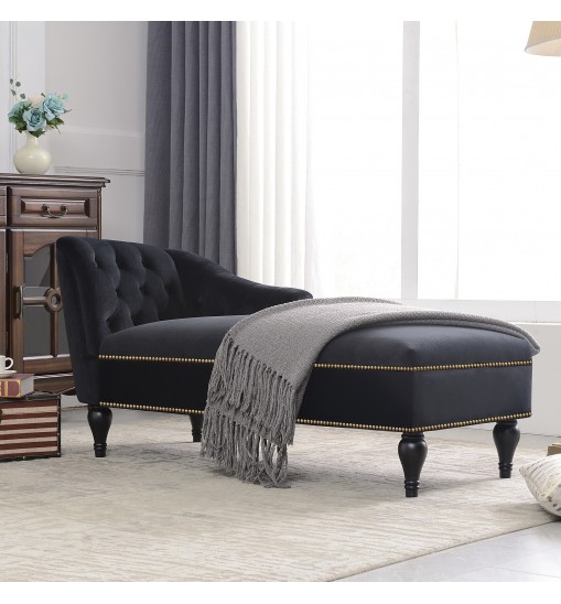 58" Velvet Chaise Lounge; Button Tufted Right Arm Facing Lounge Chair with Nailhead Trim & Solid Wood Legs for Living Room or Office;  Sleeper Lounge Sofa (Black)