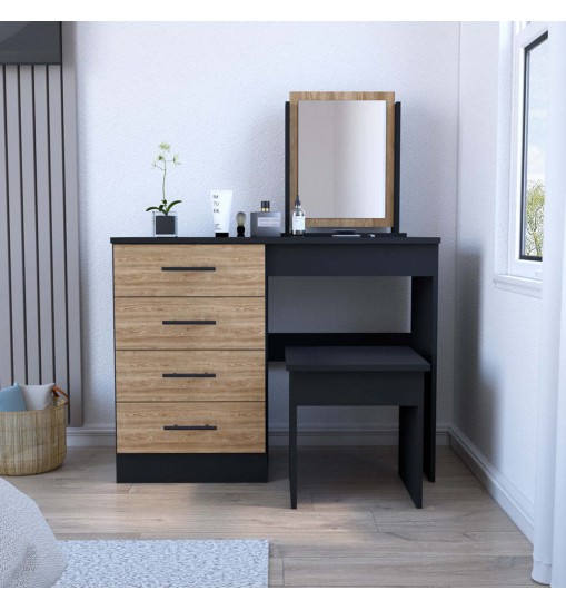 Makeup Dressing Table Roxx, Four Drawers, One Mirror, Stool, Black Wengue / Pine Finish