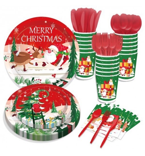 Christmas Tree Santa Claus Paper Plates Party Supplie Plates and Napkins Birthday Disposable Tableware Set Party Dinnerware Serves 8 Guests for Plates, Napkins, Cups 68PCS