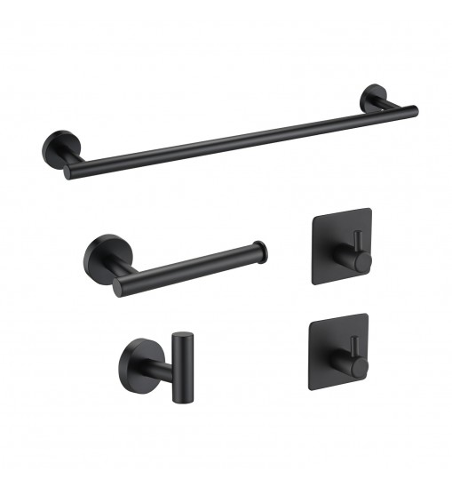 Bathroom Hardware Set;  Matte Black Stainless Steel Bathroom Hardware Set;  Including 16" Hand Towel Bar;  Toilet Paper Holder;  Robe Towel Hooks;  Round Wall Mounted Set Bathroom Accessories Kit