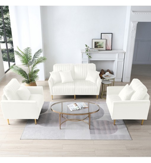 Living Room Sofa Set of 3; Loveseat Sofa Couch and Comfy Accent Arm Chair w/Pillows; Metal Legs; Upholstered Modern Furniture for Bedroom; Office; Small Space; Apartment Cream White